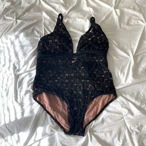 Black lace plunge bathing suit